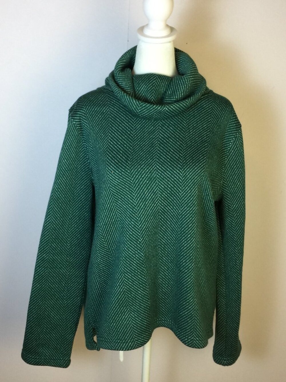 J. Crew Sweater L Woman Green Herringbone Long Sleeve Funnel Neck Fleece Lined
